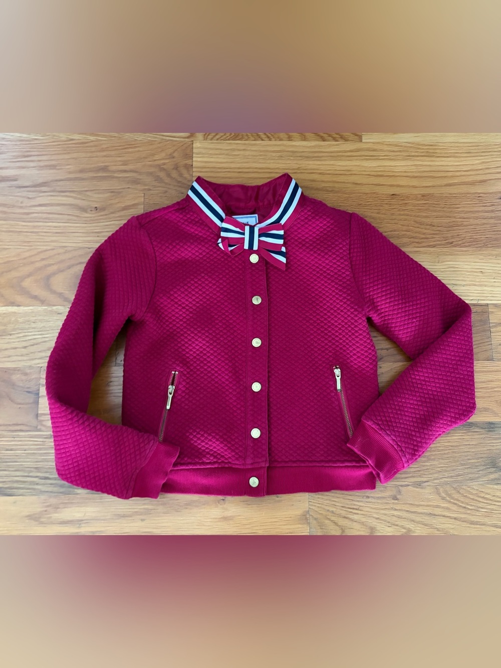 Janie and Jack Fuchsia Quilted Bomber Jacket with Striped Bow